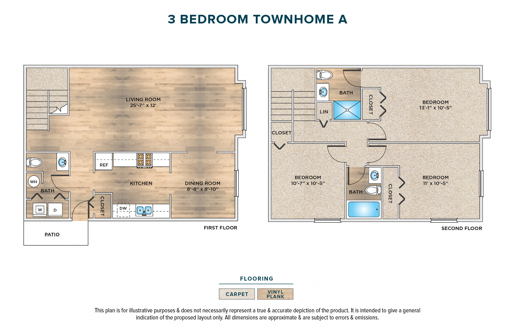 Floor plan for 3 beds, 2.5 baths, 1390 sqft